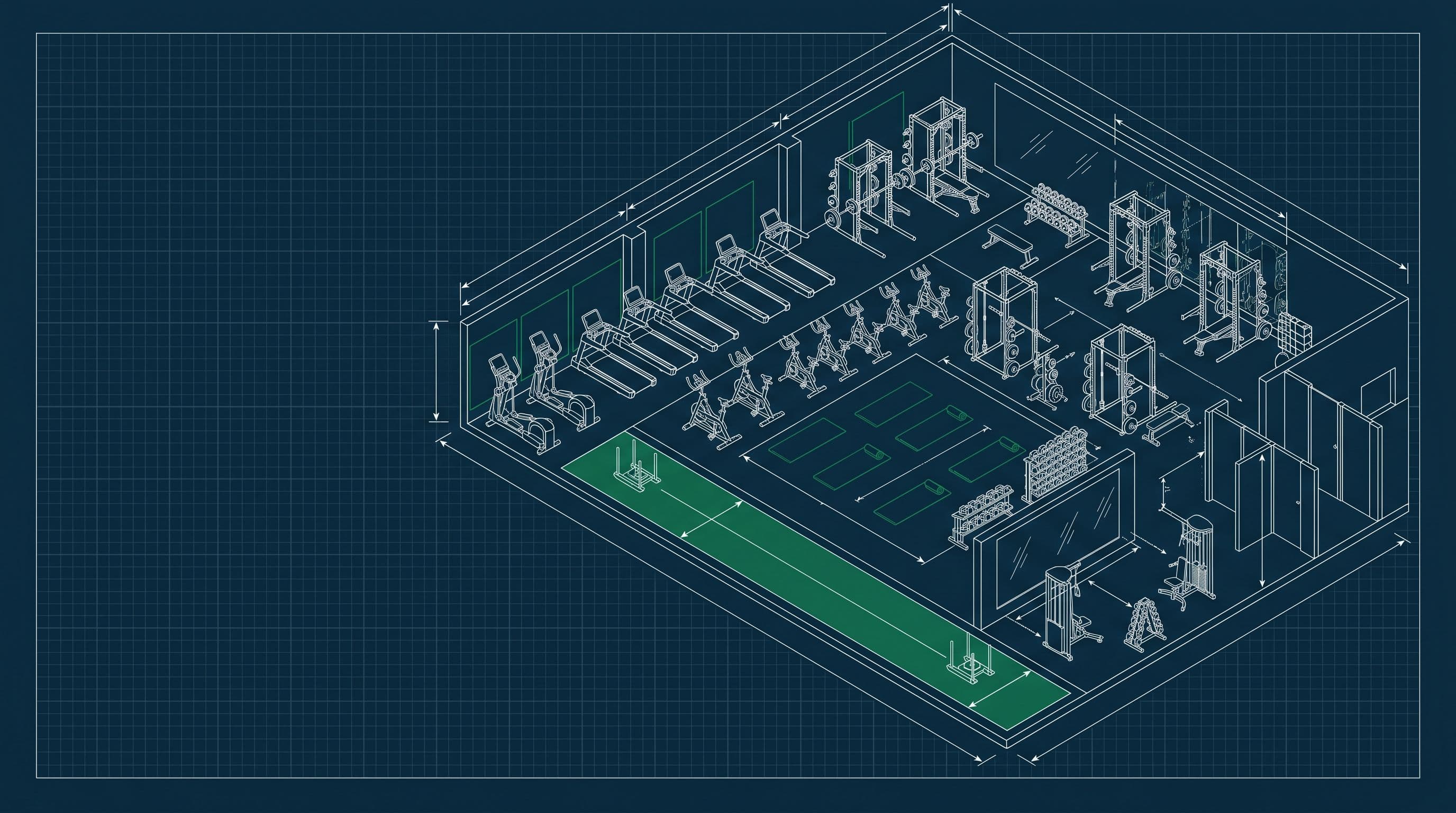 Isometric blueprint drawing of a gym floor plan, showing cardio, free-weight, and turf zones