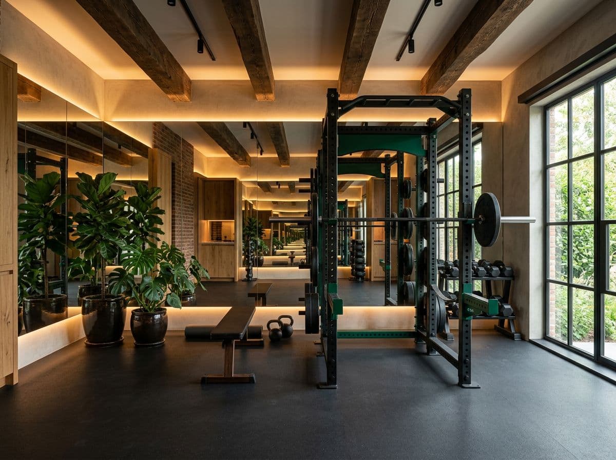 Finished boutique home gym build-out with a power rack, mirrored wall, and warm lighting